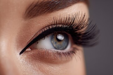 Naklejka premium Macro portrait of an eye featuring ultra-long lashes and sleek black liner for a beauty editorial look