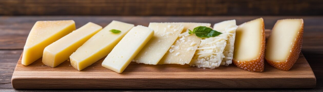 Diverse Cheese Assortment on Wood Board Sliced and Shredded Italian Cheeses with Basil, a Gourmet Delicatessen Display. Food, Dairy