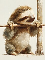 Fototapeta premium Serene Sloth Perched: Watercolor Art of a Gentle Tree-Dweller