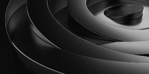 Fototapeta premium Closeup black spiral metal rings abstract composition for modern background and banner design .3d render