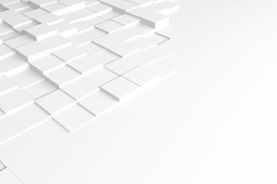 White staggered tile platform with raised square blocks for modern minimal background and architectural layout design.3d render