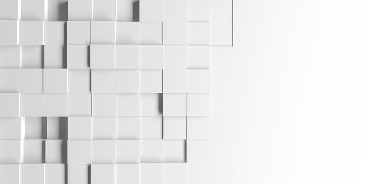 White geometric cube grid background with raised tile pattern for modern minimal wallpaper and surface design.3d render