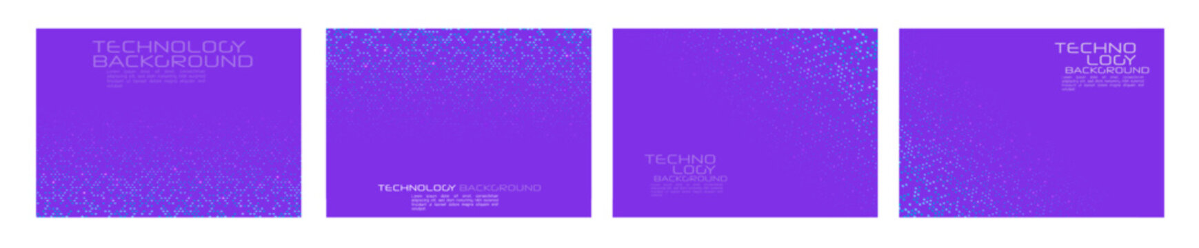 Modern technology abstract purple background set with cyan glitch pixel patterns and copy space in different corners, vector illustration