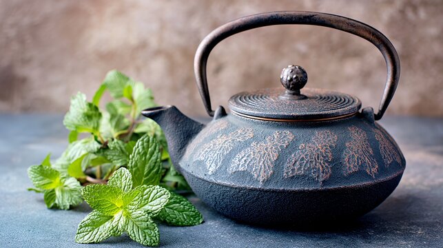 Artisan Cast Iron Teapot with Mint Leaves: Traditional Brewing Vessel