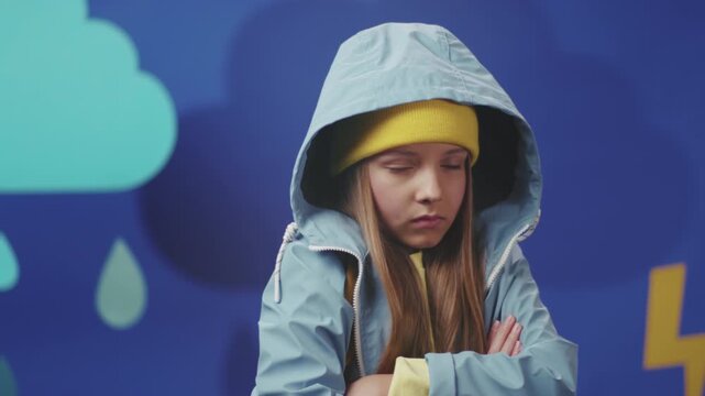 Youth in hoodie confronts storm with attitude, Adolescent in hood exhibits sulkiness beside lightning imagery