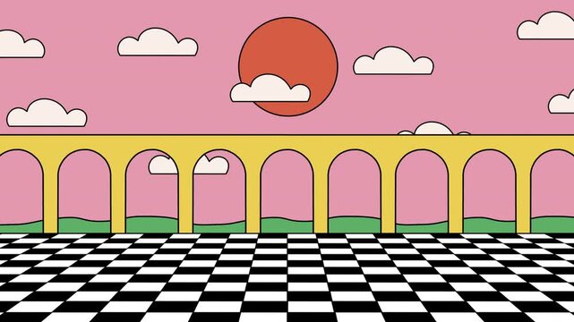 Surreal Abstract Background from Shapes with Arches Wall, Clouds and Chess Floor &ndash; Looping Animation