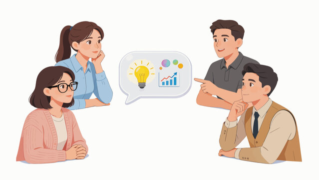 Four people in discussion with idea bubble