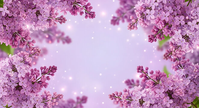 Beautiful blooming purple lilac flowers arranged in a floral frame on a soft light lavender background
