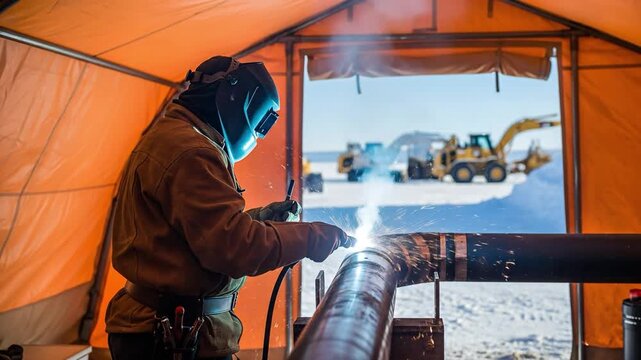 Male industrial welder repairing metal pipe in cold weather tent at remote arctic construction site