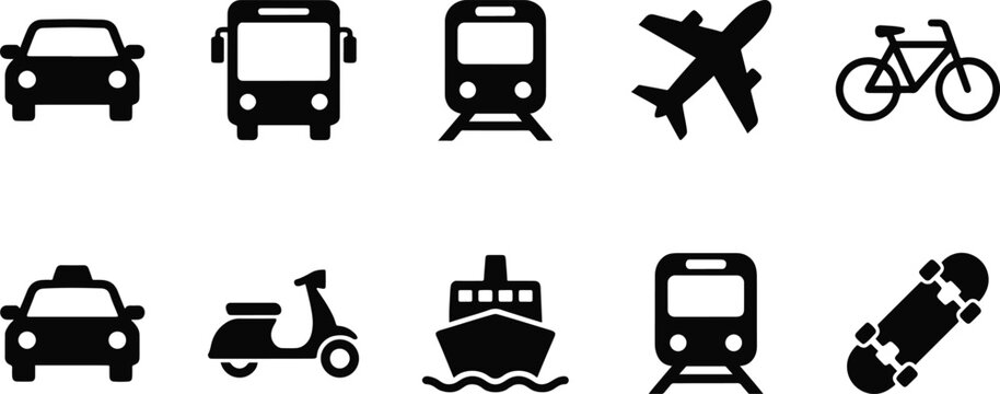 Black and white icons of various modes of transportation