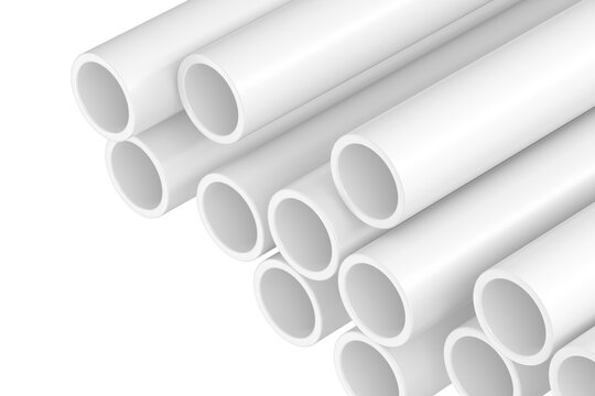 Stacked white pvc pipes closeup background for plumbing product banner and industrial equipment design and catalog use.3d render