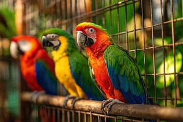Obraz premium Colorful parrots behind a gleaming cage in a lush tropical setting