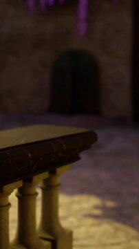 A balcony with stone pillars overlooks a courtyard. The lighting is dim, and there are shadows on the ground. Wisteria plants are visible in the background adding texture to the scene.