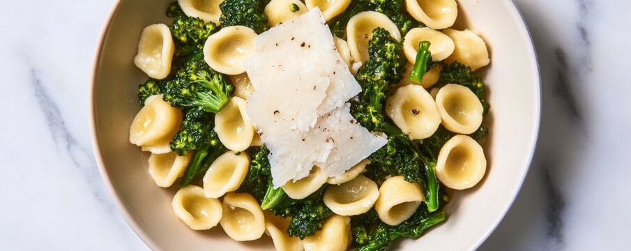 Overhead view Orecchiette pasta and vibrant broccoli rabe topped with shaved Parmesan in a beige bowl on marble. Fresh, rustic Italian cuisine food shot. Pasta, Italian