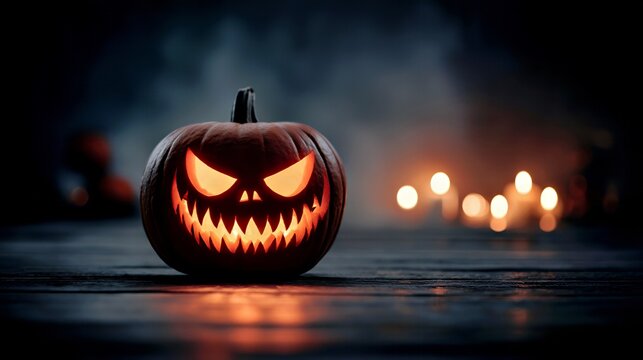 Gleaming Jack-O'-Lantern: Spooky Halloween Pumpkin with Fiery Glow