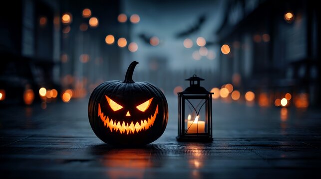 Spooky Halloween Jack-O'-Lantern with Lantern: Dark Alley Decor
