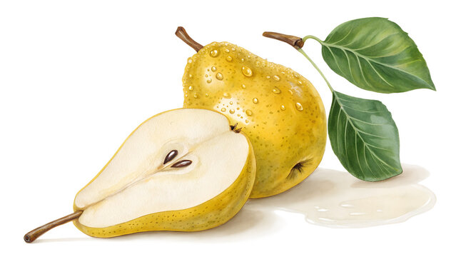 Fresh ripe pear with leaf and water droplets, isolated on white background, artistic watercolor style, hand drawn