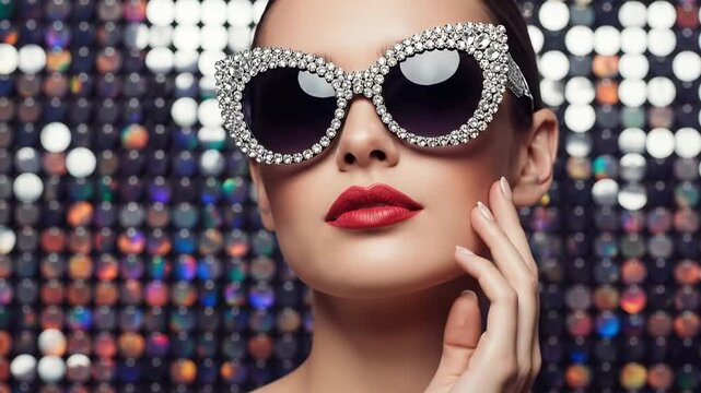 Glamorous young woman in luxury rhinestone cat eye sunglasses for maximalist disco party fashion