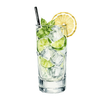 A beautiful watercolor gin and tonic cocktail clip art illustration, featuring lemon slices, lime wedges, fresh mint, and ice in a clear highball glass.