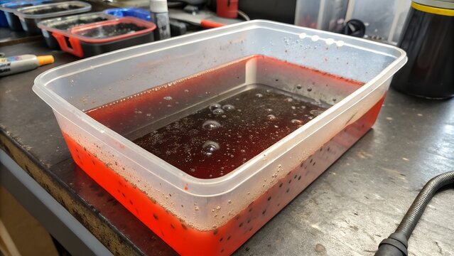 Used automotive transmission fluid in plastic container, showing red color and debris, a clear plastic container holding used red automotive transmission fluid.
