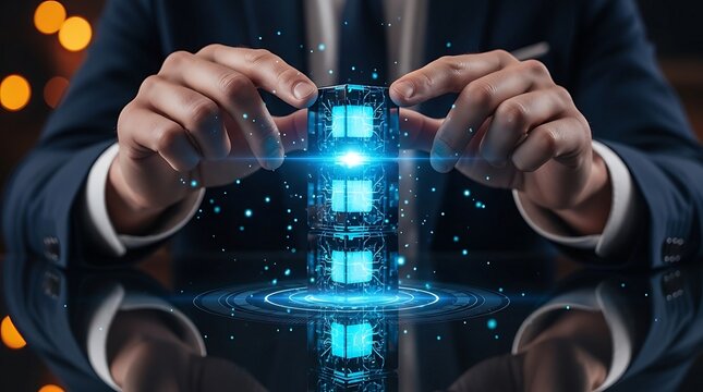 Businessman's hands assembling glowing interconnected digital data cubes, representing advanced blockchain technology, secure network infrastructure, and innovative future cloud computing solutions