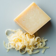 Vibrant overhead Golden Parmesan block and delicate shaved ribbons on a serene grey surface, symbolizing fresh gourmet dairy quality. Food, Ingredient