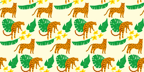 Cartoon Funny Leopard Character Seamless Pattern background. Retro Positive Colorful Tropical Feline Animal Wrapping Paper Print. Cute Cheetah Wallpaper Childish Decoration. Cartoon Wild Cat Mascot Ki © vanillamilk