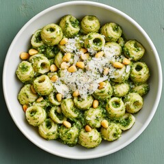 Vibrant pesto rotelle pasta with toasted pine nuts and grated Parmesan, served in a white bowl against a green background,Italian,Vegetarian