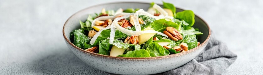 Vibrant Spinach, Apple, Pecan and Parmesan Salad in Rustic Bowl Bright, Clean Close-up Studio Shot against a Light Backdrop. Concept Fresh, Healthy Gourmet Meal.,Vegetarian