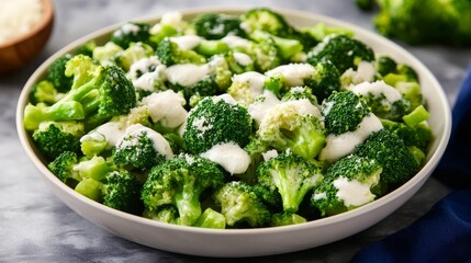 Vibrant steamed broccoli florets with creamy white sauce and grated Parmesan, served in a white bowl. Close-up of a fresh, healthy, appetizing vegetable dish. ,nutrition ,vegetarian