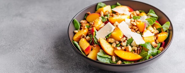 Vibrant Summer Peach and Spinach Salad with Shaved Parmesan and Nuts in a dark bowl. Healthy, gourmet food concept on a textured grey background. Summer Food, Healthy Eating