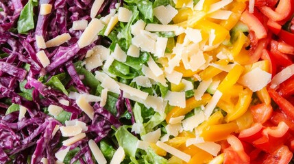 Vibrant striped salad close-up purple cabbage, green lettuce, yellow and red peppers with parmesan. A fresh, healthy, colorful food concept., Salad, Healthy