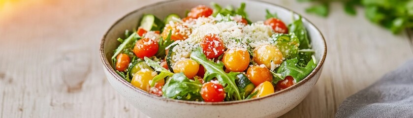 Vibrant Summer Salad Fresh arugula, colorful cherry tomatoes, zucchini and grated cheese in a rustic bowl on wooden table, bathed in soft light. ,SummerSalad ,GardenFresh