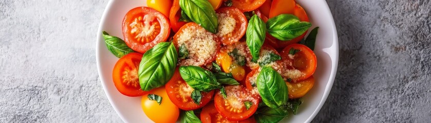 Vibrant Top-Down Close-Up Fresh Red and Yellow Tomato Salad with Basil and Grated Cheese. Healthy Italian Summer Dish on White Plate., Caprese-style, Vegetarian