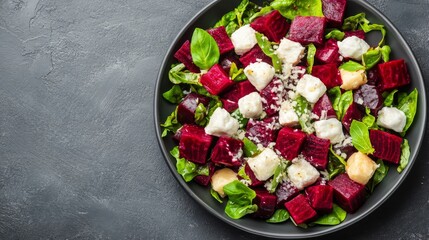 Vivid Beetroot, Feta and Basil Salad with fresh greens, expertly arranged in a dark bowl on a textured backdrop. A gourmet, healthy overhead shot. Vegetarian, HealthyMeal
