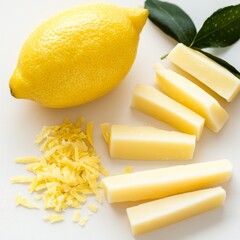 Whole lemon, green leaves, cheese sticks and grated cheese arranged on a bright white surface. Fresh ingredients for cooking or a simple snack., Culinary, Foodie