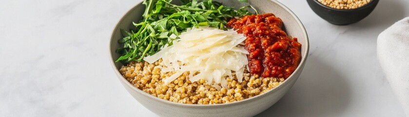 Wholesome Farro Grain Bowl with Fresh Arugula, Shaved Parmesan and Zesty Tomato Sauce. Vibrant, close-up shot on bright white for a healthy, balanced, Italian-inspired meal., grain