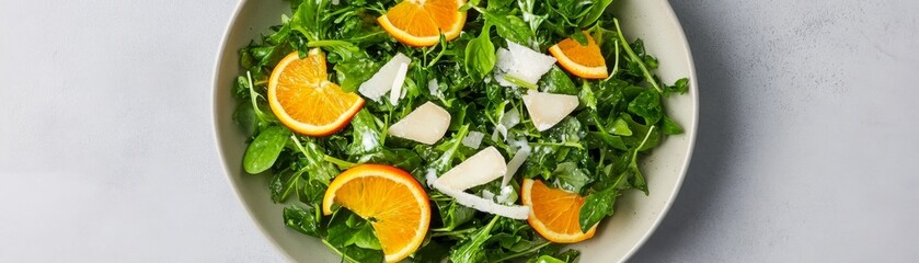 Zesty Arugula, Orange and Parmesan Salad. Fresh greens, citrus, cheese, dressing. Overhead healthy food photography. Salad, Healthy