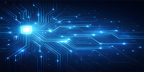 Fototapeta premium Futuristic Microchip Circuit Board Background with Glowing Data Lines, AI Processor Technology Concept