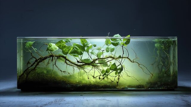 Water tank with transparent glass revealing intricate root system and emerging leaves, depicting plant growth stages against dark background, highlighting botanical development process