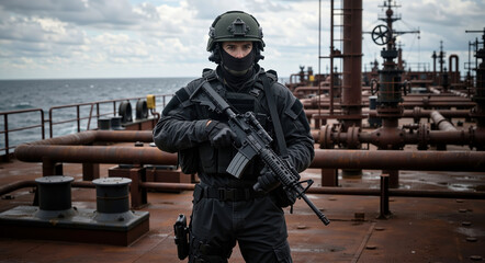 Naklejka premium Armed military operator standing guard on a ship or tanker deck in sea. Special forces soldier with an assault rifle during a maritime security mission