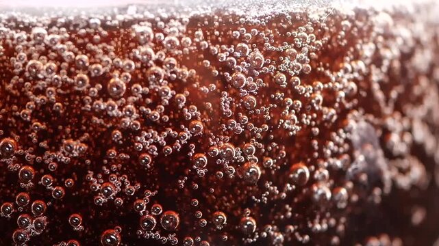 Bubbles rising in dark fizzy drink close to the glass