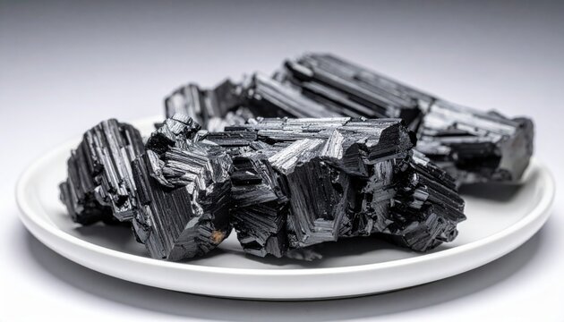 Raw graphite chunks exhibiting flaky crystalline structures and a deep metallic luster, presented on a white plate against a soft background.