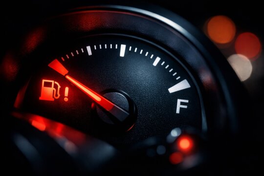 Car fuel gauge showing low fuel warning light on dashboard needle near empty
