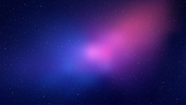 Space vector background with blue and purple nebula glow. Abstract night sky filled with shiny stars and galaxy dust. Cosmic wallpaper for cosmic design projects and science illustration.