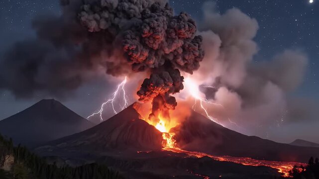 Volcano eruption spewing lava and smoke with lightning during nighttime