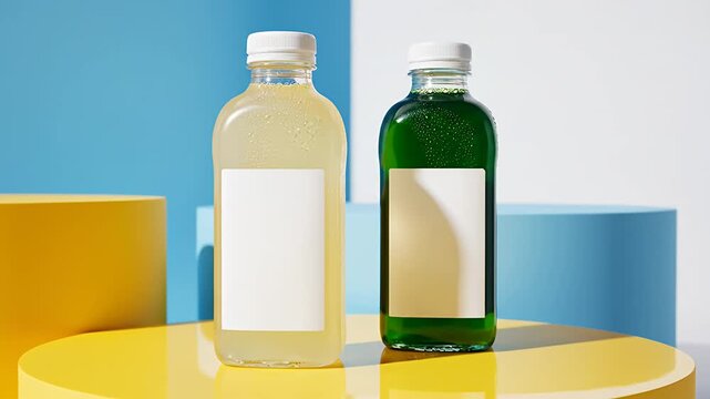 Clear bottles with yellow and green juice on modern display