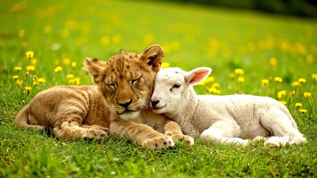 A lion cub and a lamb rest together in a field of yellow flowers. Their unlikely friendship symbolizes peace and harmony.