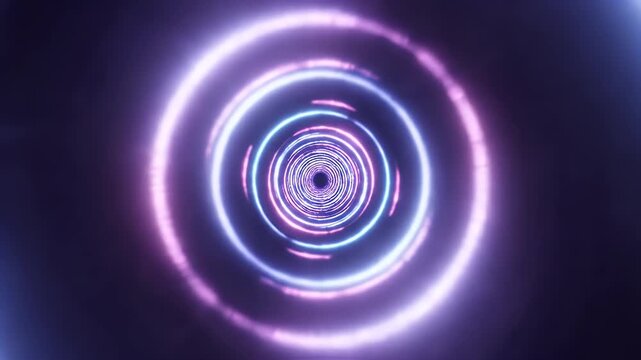 A hypnotic tunnel of glowing concentric circles in purple and white light against a black backdrop