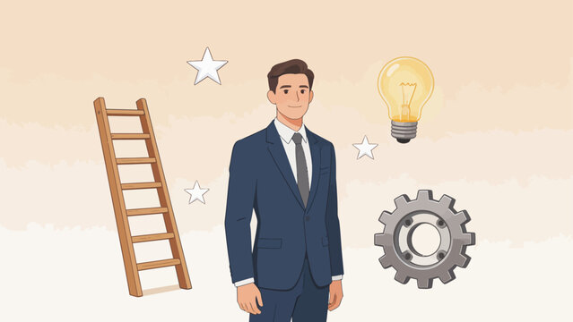 Businessman with ladder lightbulb and gear